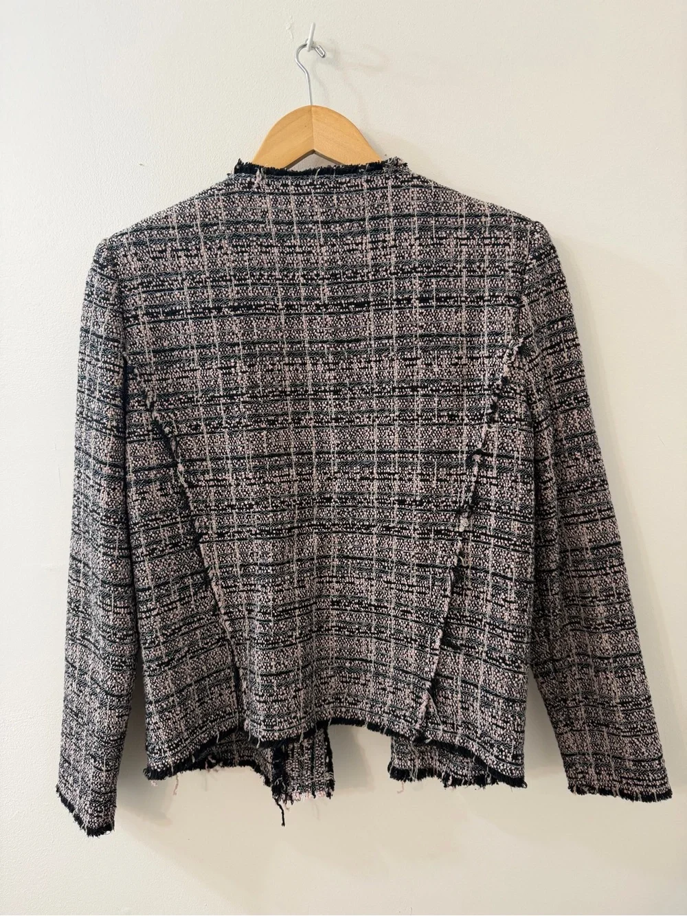 IRO Jocund Tweed Fringe Jacket Blush Pink Black Size 42 French Chic Blazer
